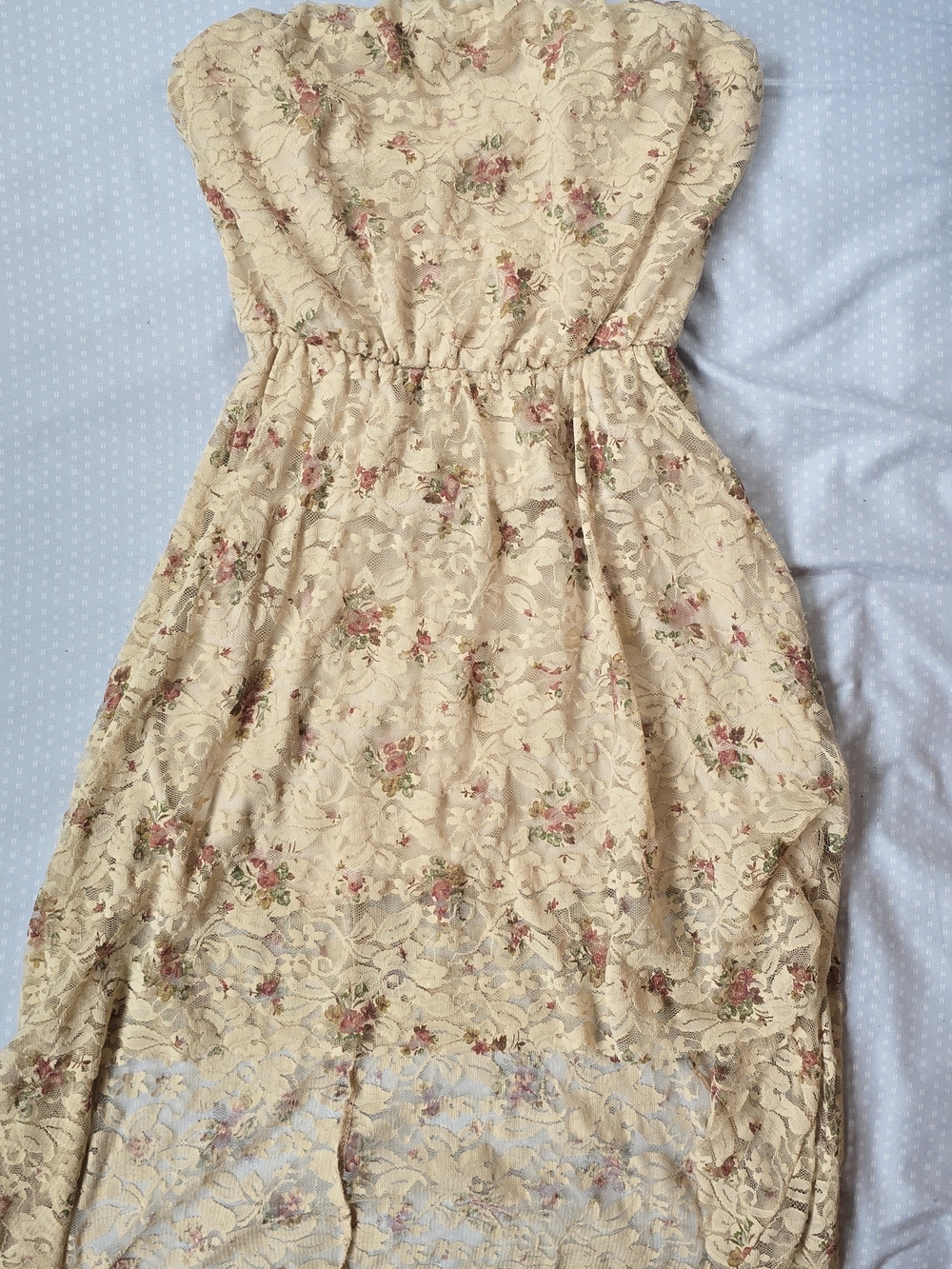 January 7 Cream Lace High-Low Dress with Pink & Green Floral Embroidery